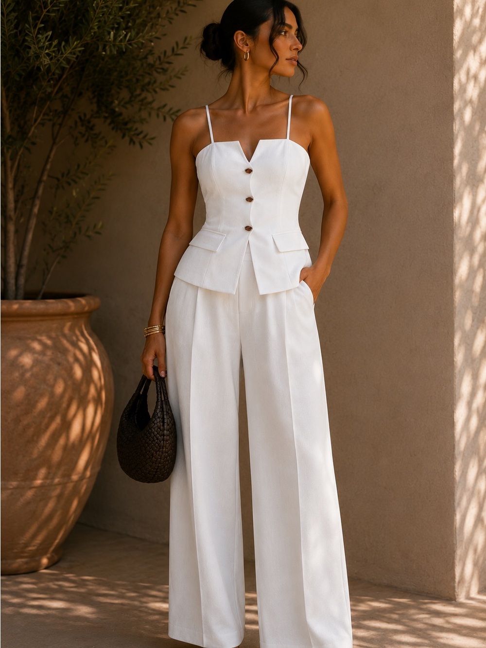 Commense White Wide-Leg Pants  with Button Cami Top Small NWT SOLD OUT